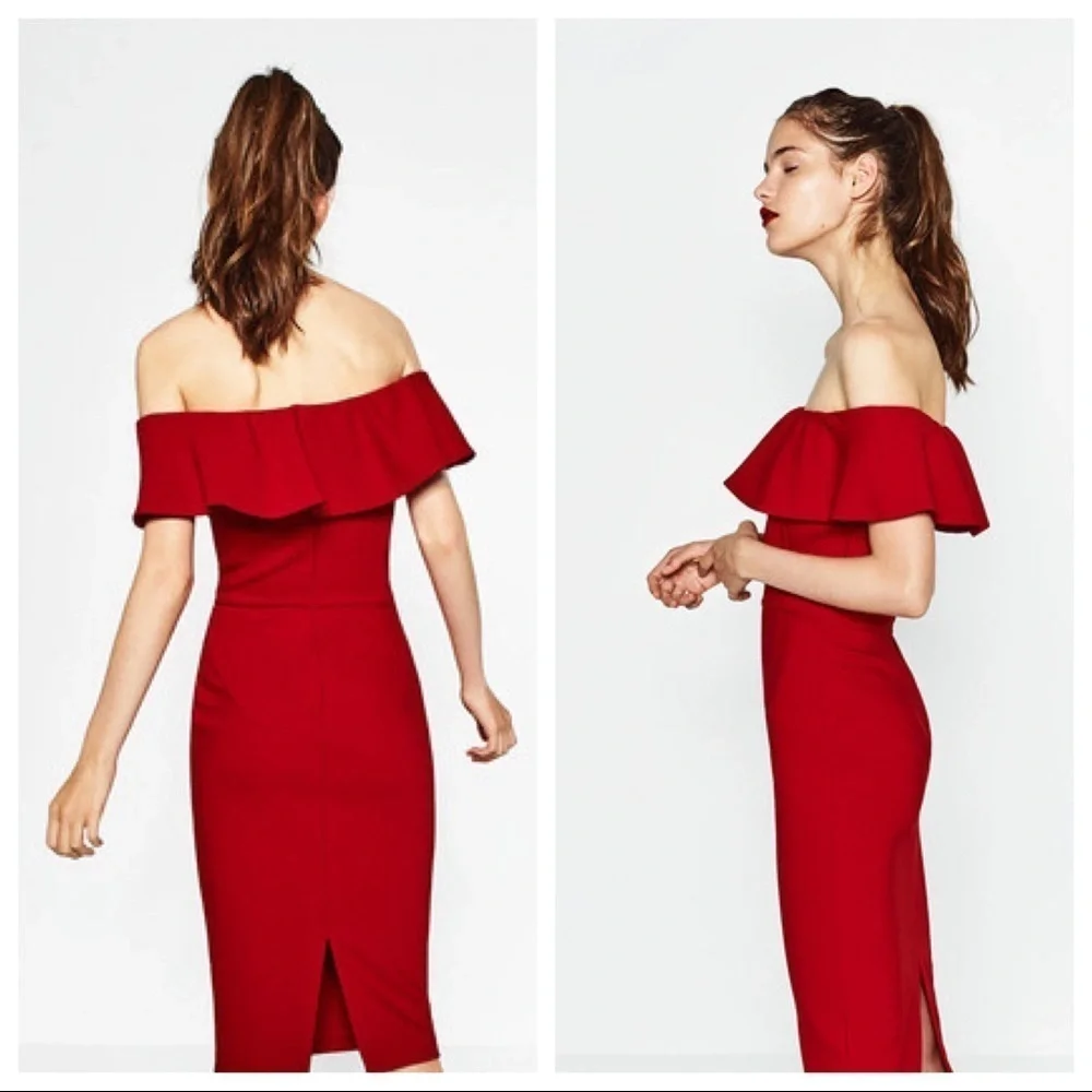 NWT. Zara Red Off-the-shoulder Midi Dress Size XS.